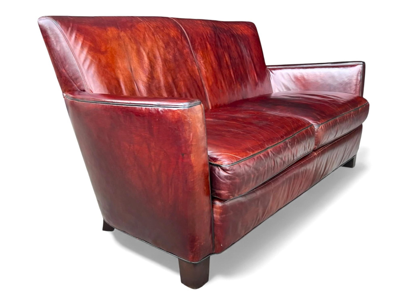 Rich Burgundy Vintage Leather Sofa With Beautiful Patina & Timeless Form - By Crate and Barrell - 3