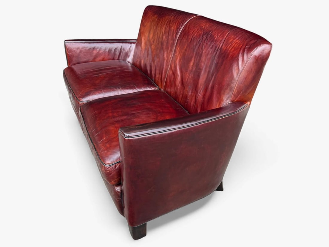 Rich Burgundy Vintage Leather Sofa With Beautiful Patina & Timeless Form - By Crate and Barrell - 4