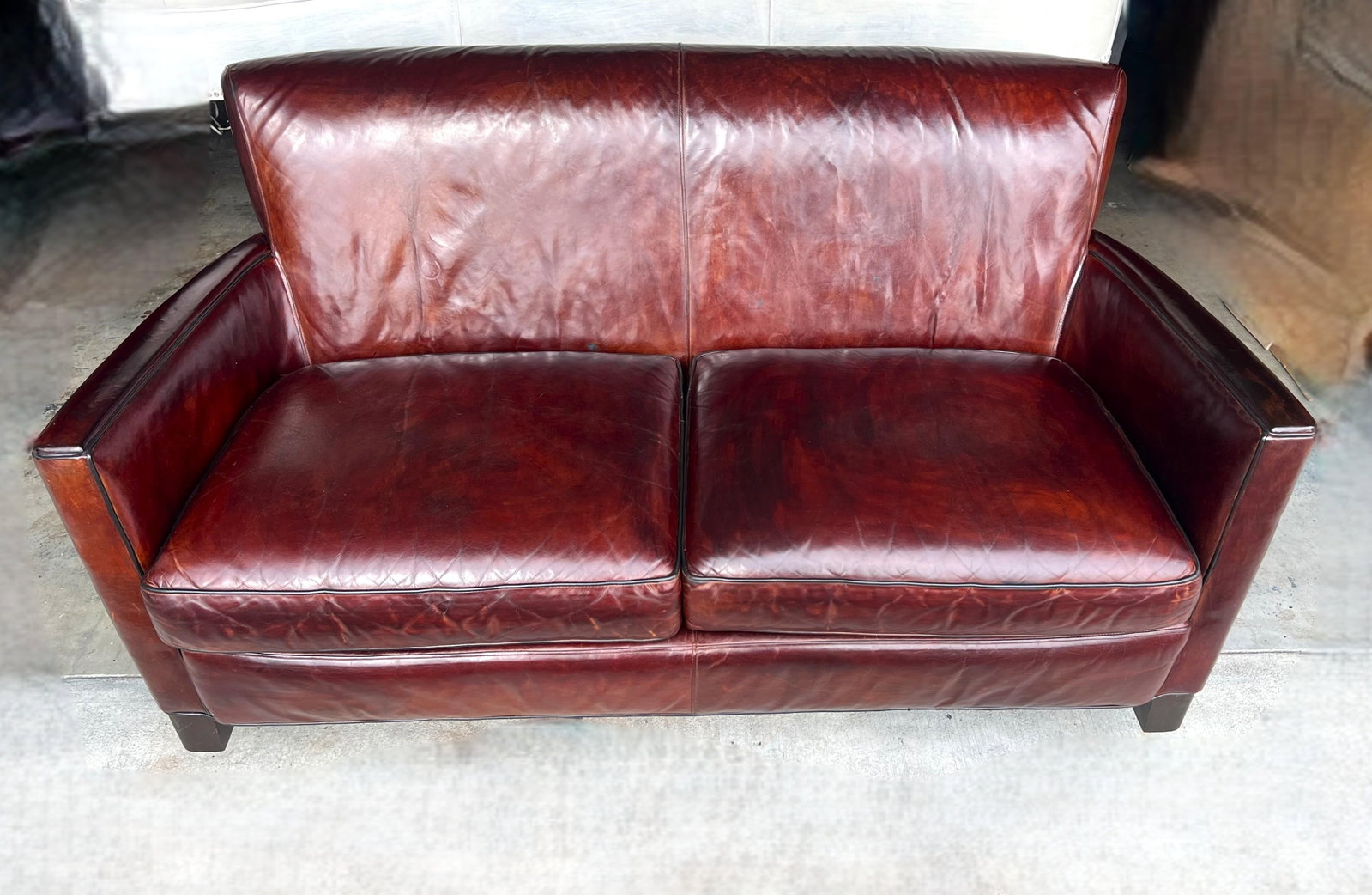 Rich Burgundy Vintage Leather Sofa With Beautiful Patina & Timeless Form - By Crate and Barrell - 6