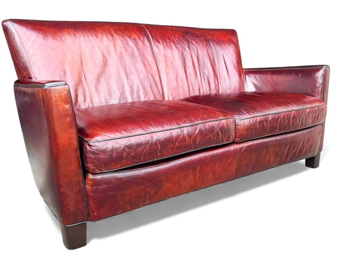Rich Burgundy Vintage Leather Sofa With Beautiful Patina & Timeless Form - By Crate and Barrell - 7