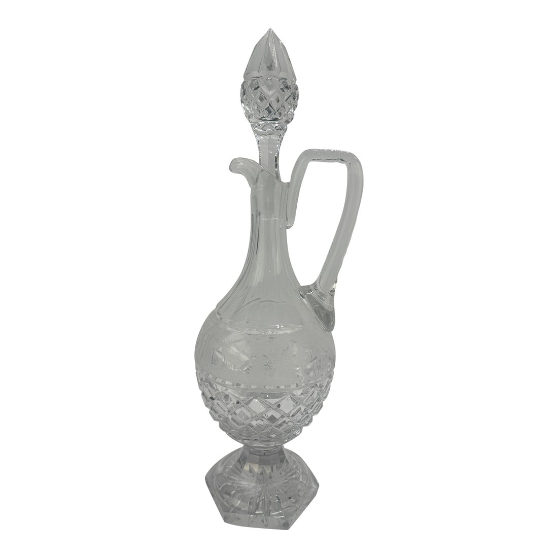 Early 20th Century Crystal Claret Ewer, Wheel-Engraved Game Frieze, Possibly Val Saint-Lambert: Late 19th–early 20th century Continental crystal claret ewer with engraved game frieze, probably Val Saint-Lambert (Belgium) or North Bohemian, circa 1885–1905 A tall, elegant ewer-form