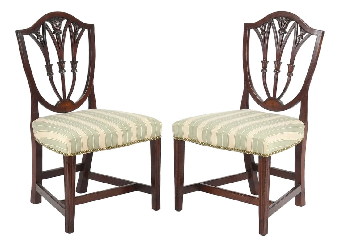 19c Shield Back Inlaid Mahogany Chairs (Pair): A pretty pair of Federal Inlaid Mahogany Shield Back Side Chairs, 19th century. Provenance: A Delaware Collection. 35.25" H, 20.5" W, Depth of seat 16.5", Seat height, 17" In good condition having