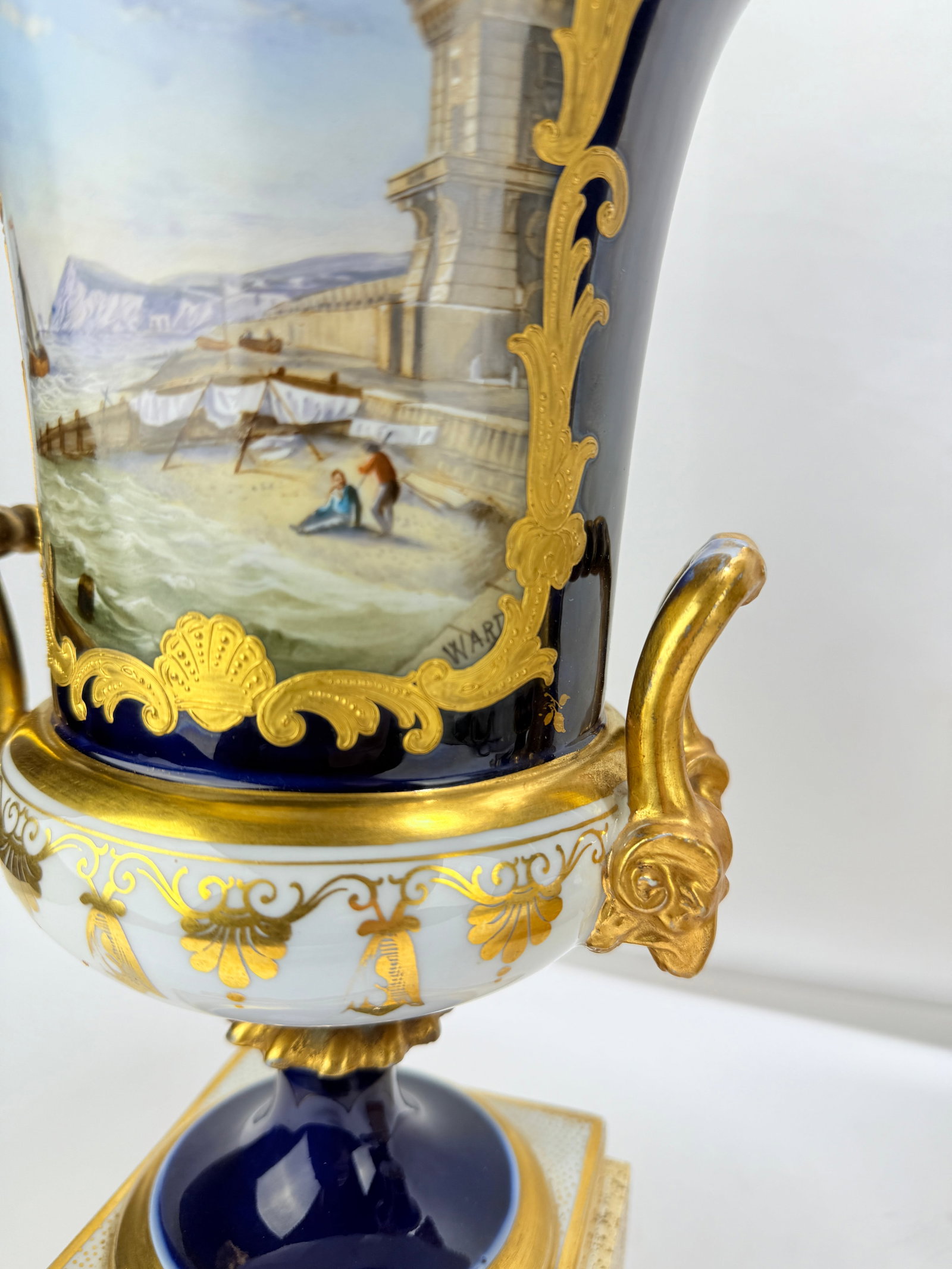 Attr. Minton Cobalt Urns With Osborne House and Mediterranean Port Views, "Ward" - 12