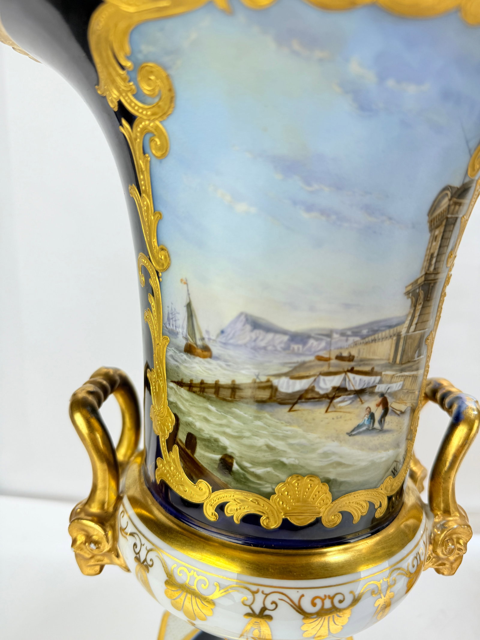 Attr. Minton Cobalt Urns With Osborne House and Mediterranean Port Views, "Ward" - 14