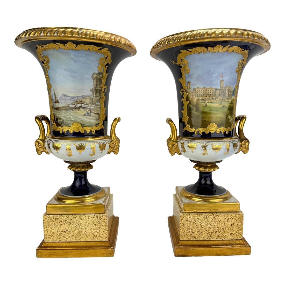 Attr. Minton Cobalt Urns With Osborne House and Mediterranean Port Views, "Ward" (1 of 14)