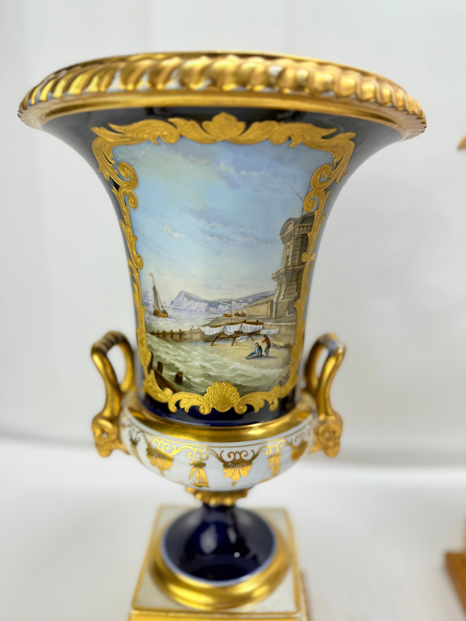 Attr. Minton Cobalt Urns With Osborne House and Mediterranean Port Views, "Ward" - 8