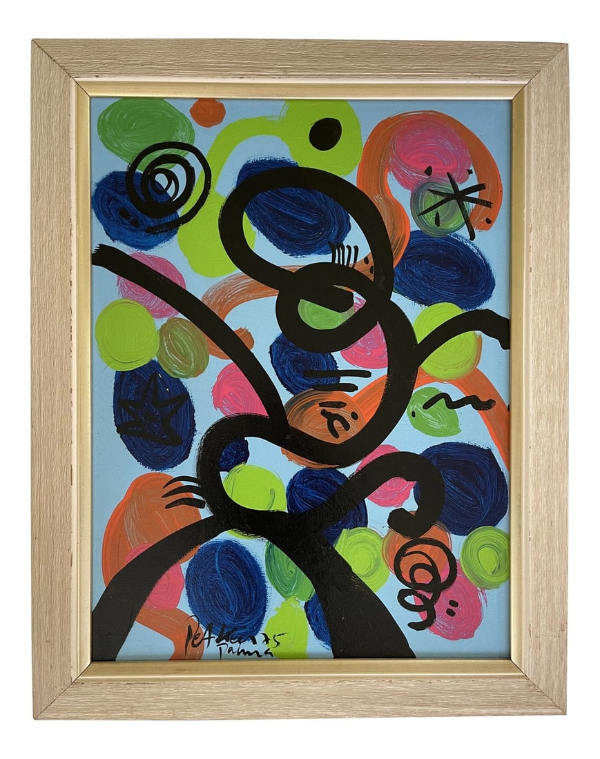 1970s "Omage to My Friend Miro" Abstract Acrylic Painting by Peter Keil, Framed: Peter Keil is a German artist that focuses primarily on abstract expressionism. Keil painted with some of the greats including Joan MirÃ³, Pablo Picasso and Andy Warhol, to name a few. This 