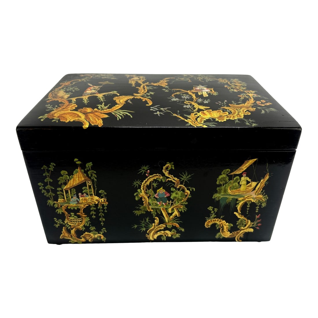 Chinoiserie Japanned Humidor Box England, Early to Mid-20th Century: A lacquered wooden humidor richly decorated in the revived Chinoiserie manner, its exterior finished in deep black japanning and finely painted with gilt rocaille scrollwork framing small figural