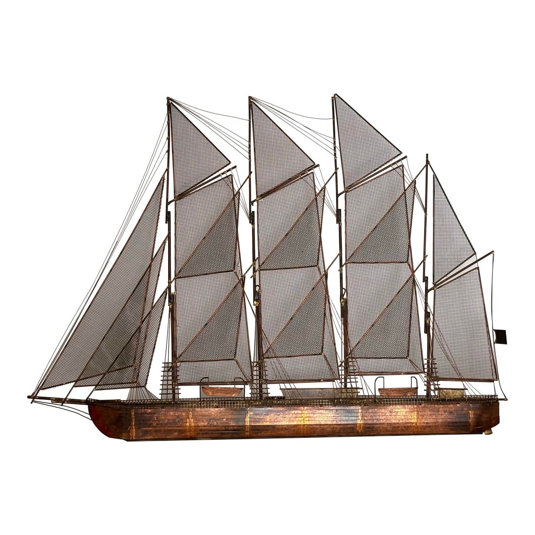 1970s Modern Copper Schooner Sailing Ship Wall Sculpture by Curtis Jeré: 1975 copper sculpture of a sailing ship or schooner, signed C. Jeré for Curtis Jeré, the nom de plume of the company created by founding artists Curtis Freiler and Jerry Fels. Beautiful