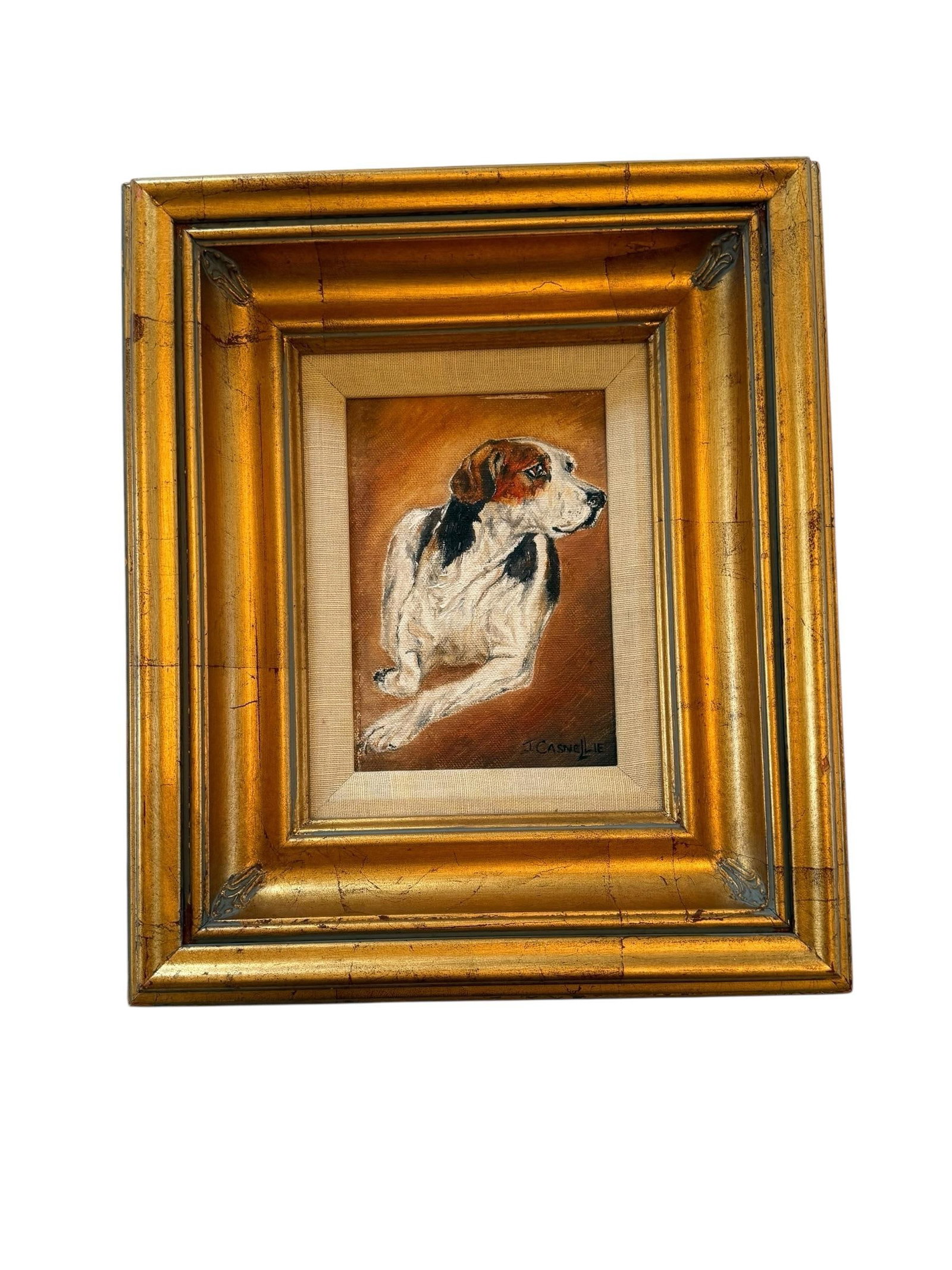 Contemporary Gold Wood Framed Oil on Canvas Portrait "Blinks Hound" Artist Signed J. Casnellie - 12