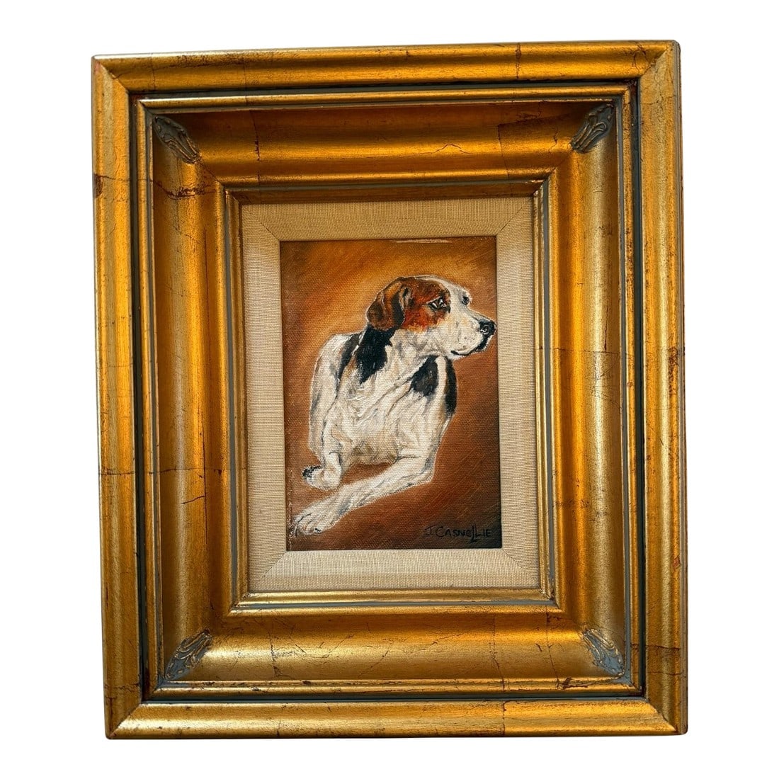 Contemporary Gold Wood Framed Oil on Canvas Portrait "Blinks Hound" Artist Signed J. Casnellie: Contemporary Gold Wood Framed Oil on Canvas Portrait "” "Blinks Hound" (signed J. Casnellie), c.2006. Striking, small-scale oil portrait of a hunting hound by Jane Casnellie (signed "J.