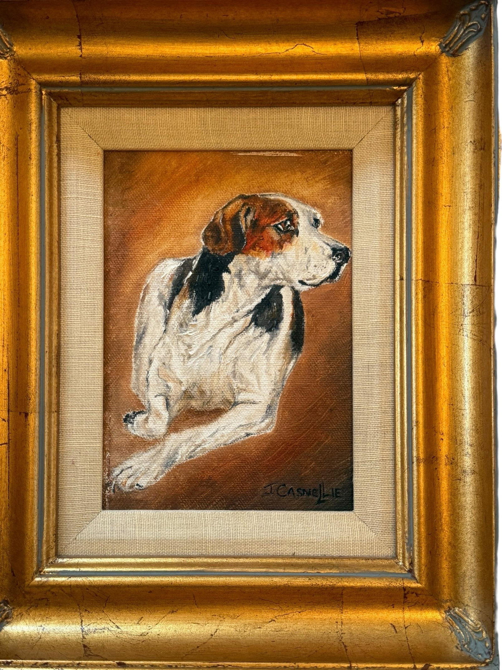 Contemporary Gold Wood Framed Oil on Canvas Portrait "Blinks Hound" Artist Signed J. Casnellie - 2