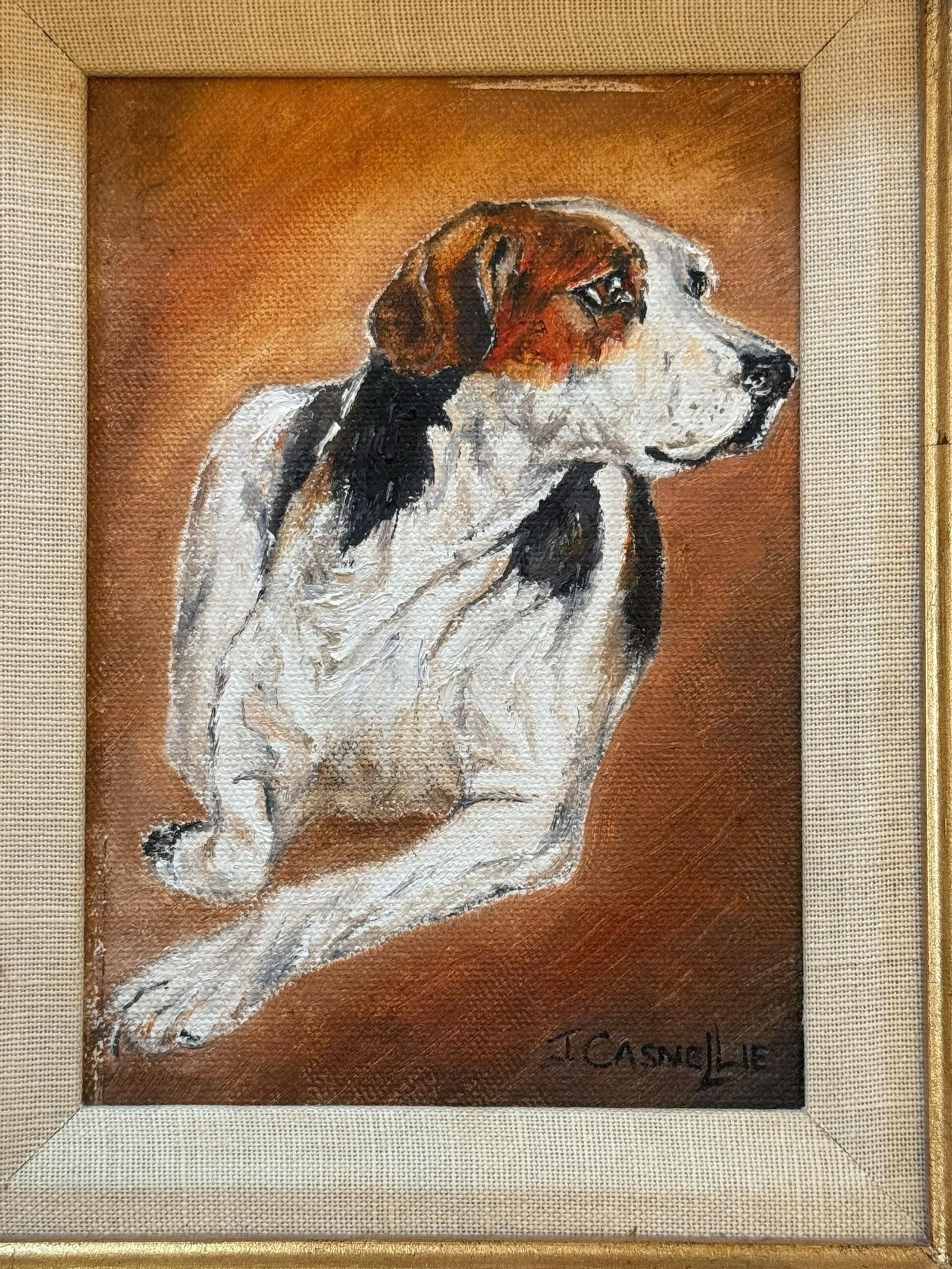 Contemporary Gold Wood Framed Oil on Canvas Portrait "Blinks Hound" Artist Signed J. Casnellie - 3