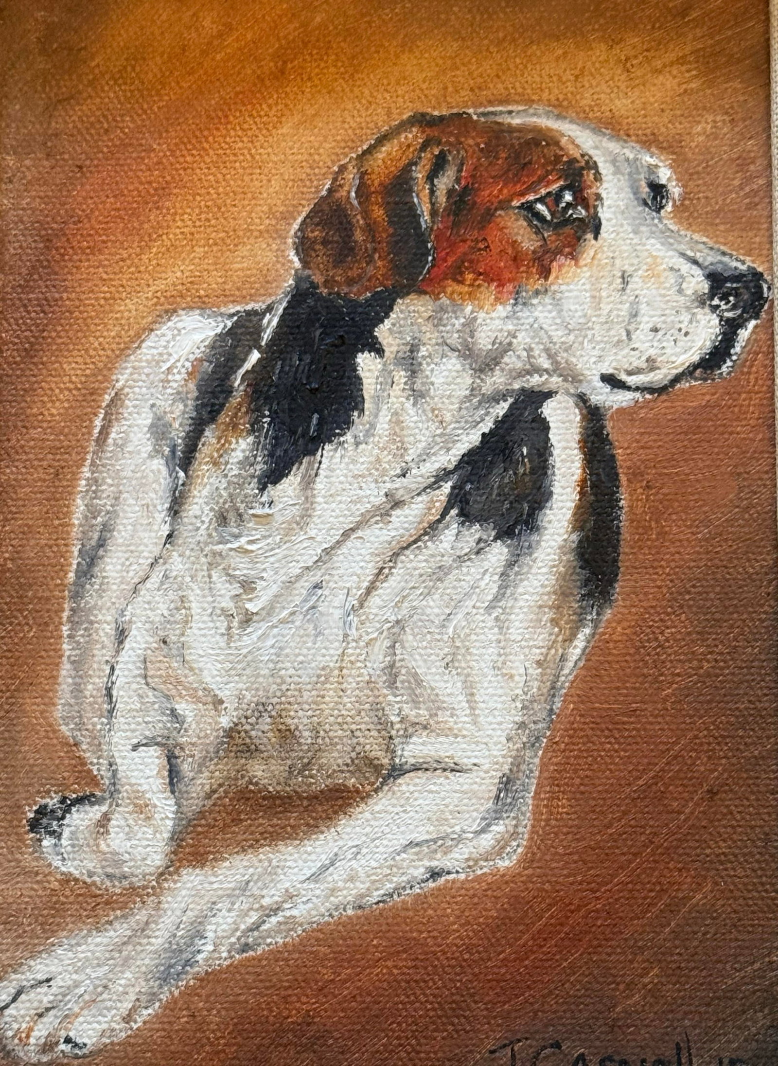 Contemporary Gold Wood Framed Oil on Canvas Portrait "Blinks Hound" Artist Signed J. Casnellie - 4