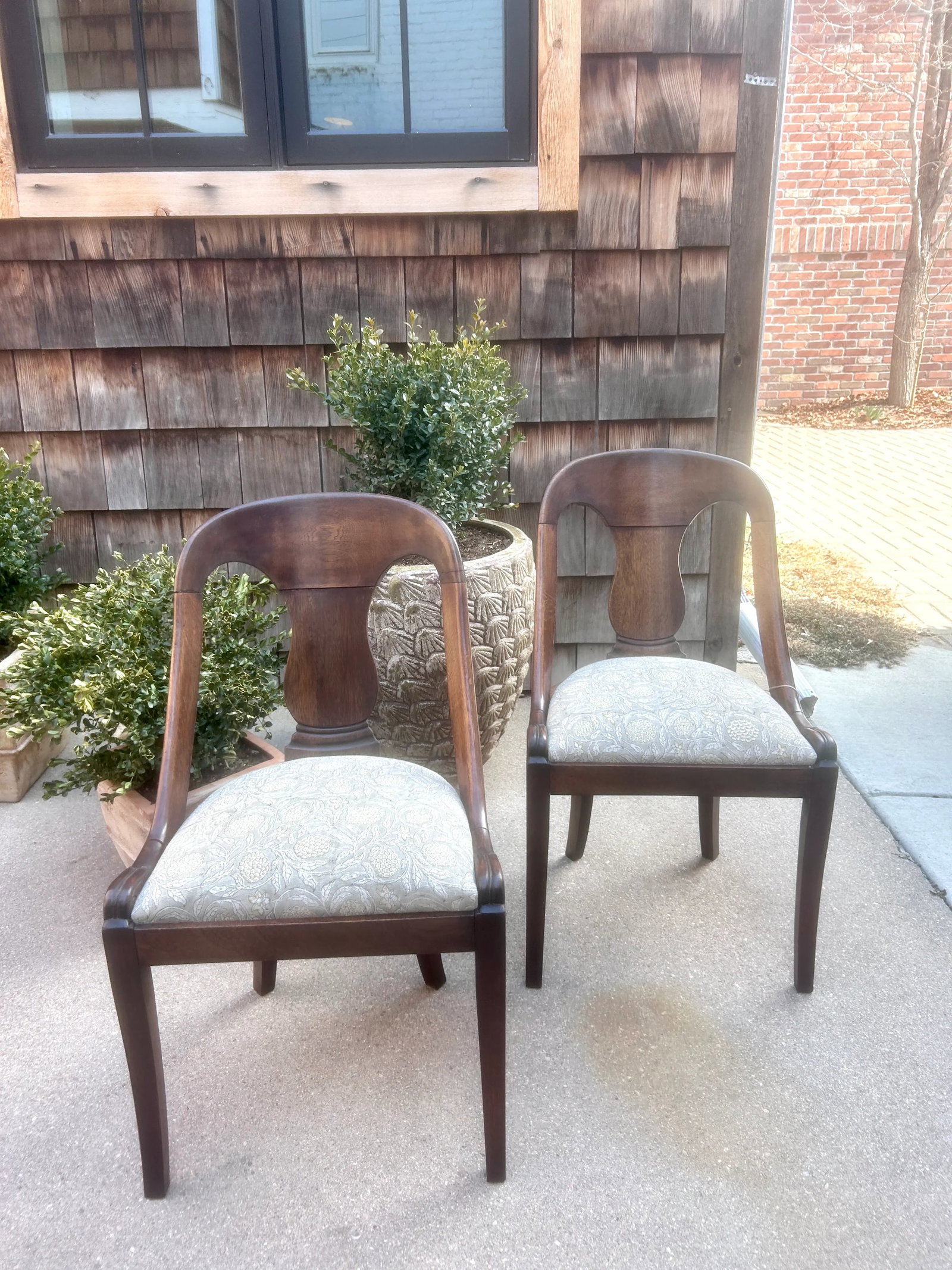 Late 19th Century French Empire Style Chairs With Floral Block Print Linen Upholstered Seat - A Pair - 11