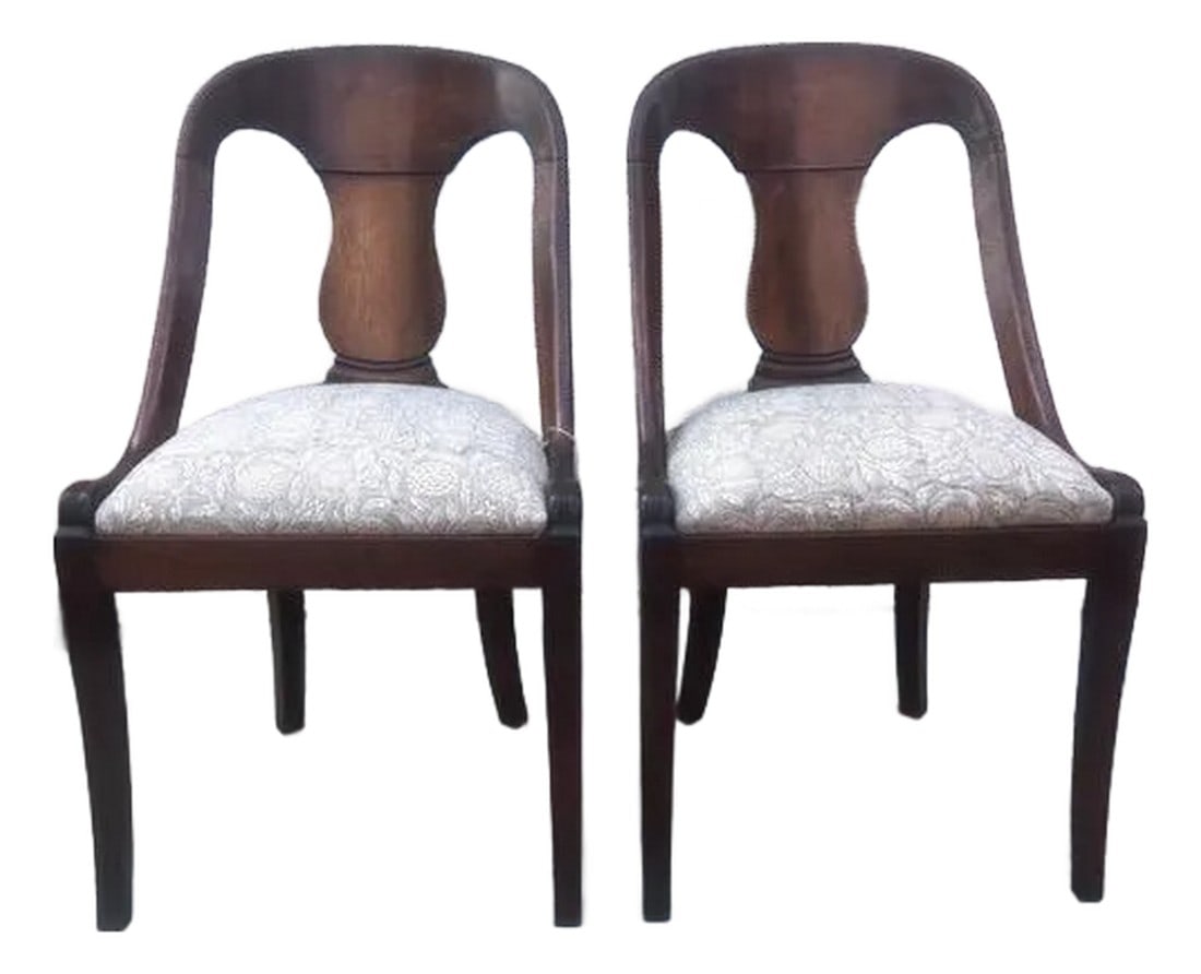 Late 19th Century French Empire Style Chairs With Floral Block Print Linen Upholstered Seat - A Pair: Extraordinary pair of French Empire style mahogany chairs featuring a tub or gondola form frame. Minimally decorated having a curved back, vasiform back splat surmounted by a curved crest rail.