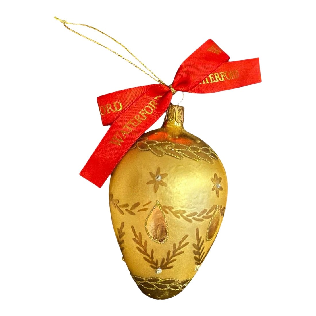 Waterford Holiday Heirlooms Charlemont Gold Egg Ornament 2001: This is a Waterford Holiday Heirlooms Charlemont Gold Egg Ornament. The bottom is marked Waterford with Seahorse. Manufactured in 2001 in Poland, it was the first issue of this specific design by