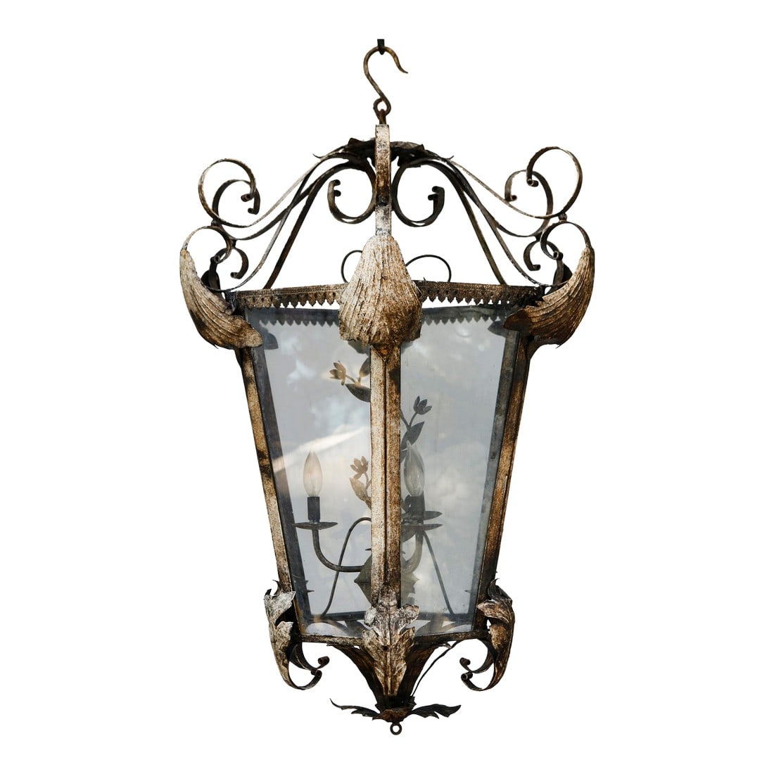 XL Vintage Tole Hanging Lantern W/ Floral Accents (1 of 4)