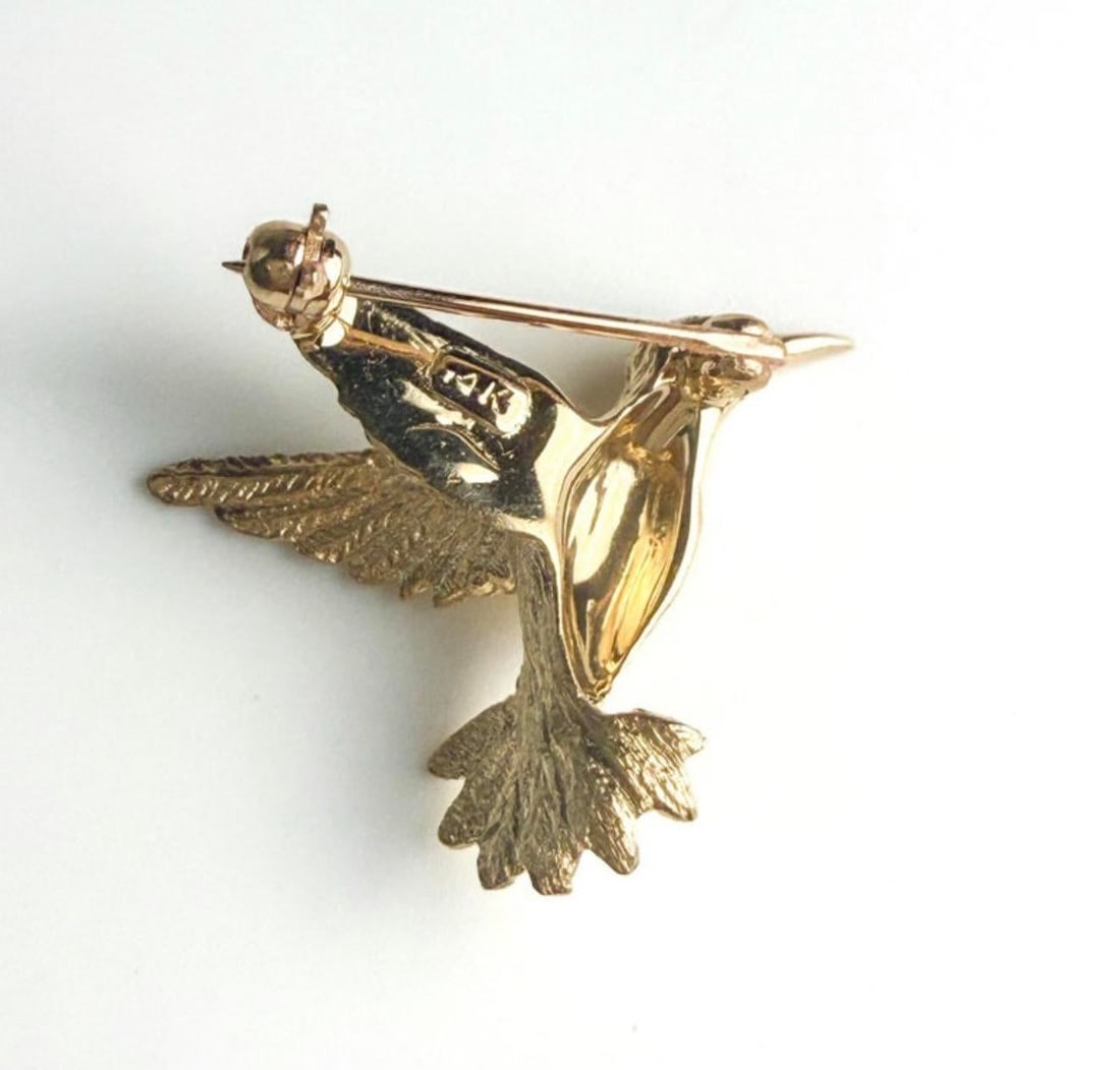 14k Yellow Gold Hummingbird Brooch 1 Inch - 2