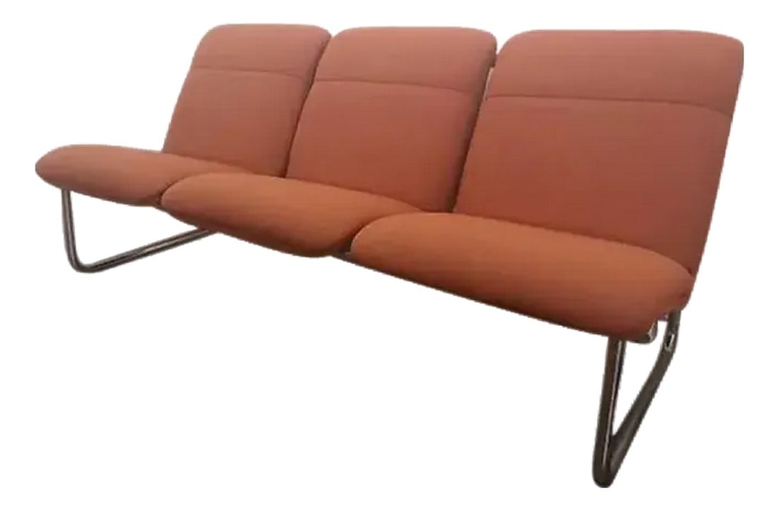1970s, Mid-Century Modern Tubular Chrome Sofa by Allsteel in Orange: 1970s tubular chrome sofa attributed to Pace Furniture and manufactured by Allsteel. Original orange tweed upholstery paired with a polished chrome frame and low-profile, architectural form. A strong 