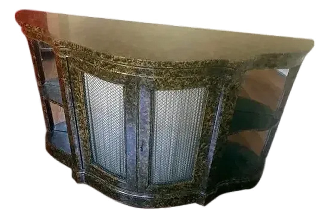 1970s Mastercraft Demilune Faux Tortoise Cabinet Attributed to Henredon: This 1970s Mastercraft cabinet features a lacquered faux tortoise shell finish and design details commonly associated with Henredon, Bernhardt, and Baker. The form reflects late modern to early postmo