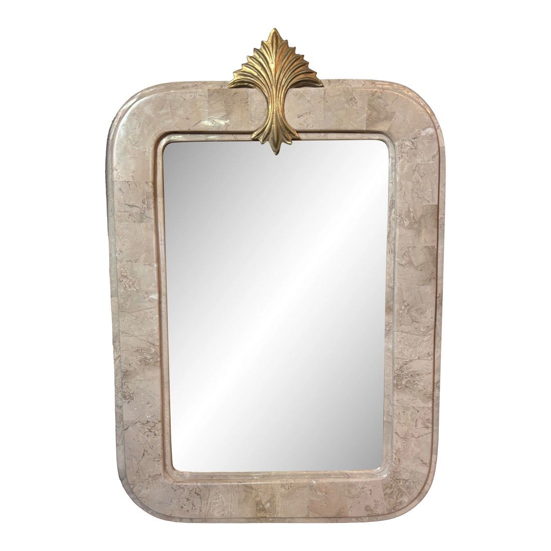 Vintage Tessellated Stone Mirror With Gold Accent: Vintage tessellated stone mirror with carved wood gold accent, after Maitland-Smith. Can be hung with gold detail at the top or bottom. Heavy and solid, the stone pieces are affixed on a wood frame.