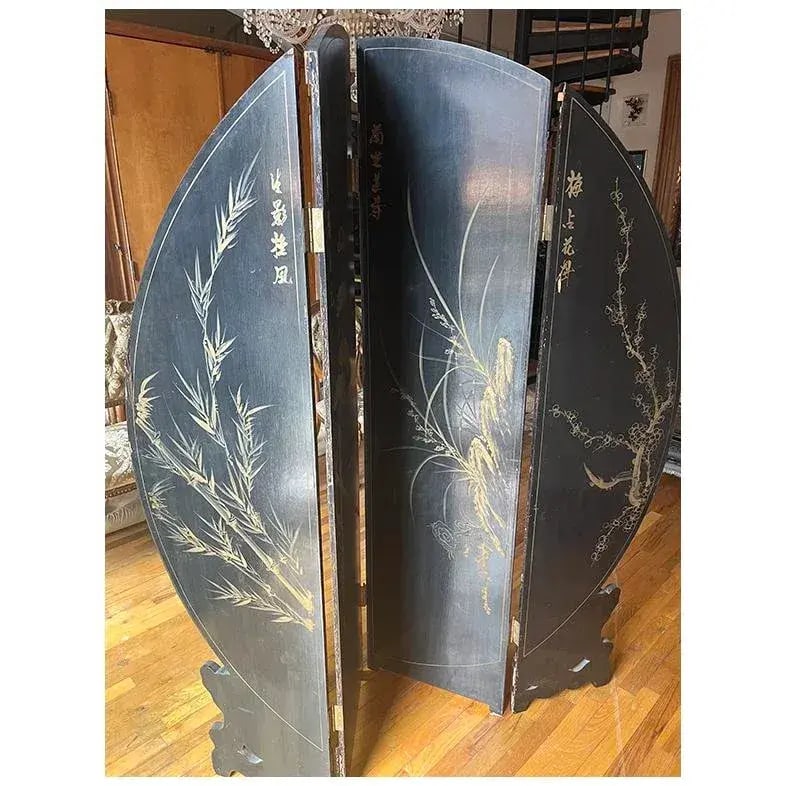 1950s Coromandel Black Laquer Chinoiserie Screen Room Divider - 4