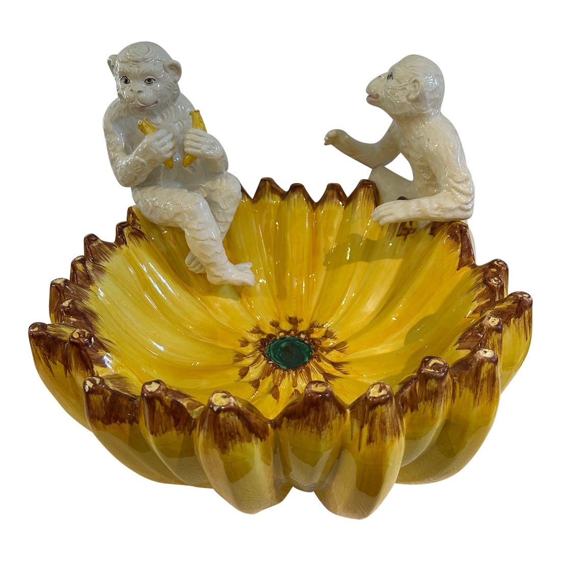 1980's Horchow Italian Majolica Ceramic Monkey and Banana Bowl: This majolica style ceramic bowl was hand painted and made in Italy. Imported by Horchow in the late 30th Century, it features two monkeys atop a large bowl of bananas. One monkey is eating a banana