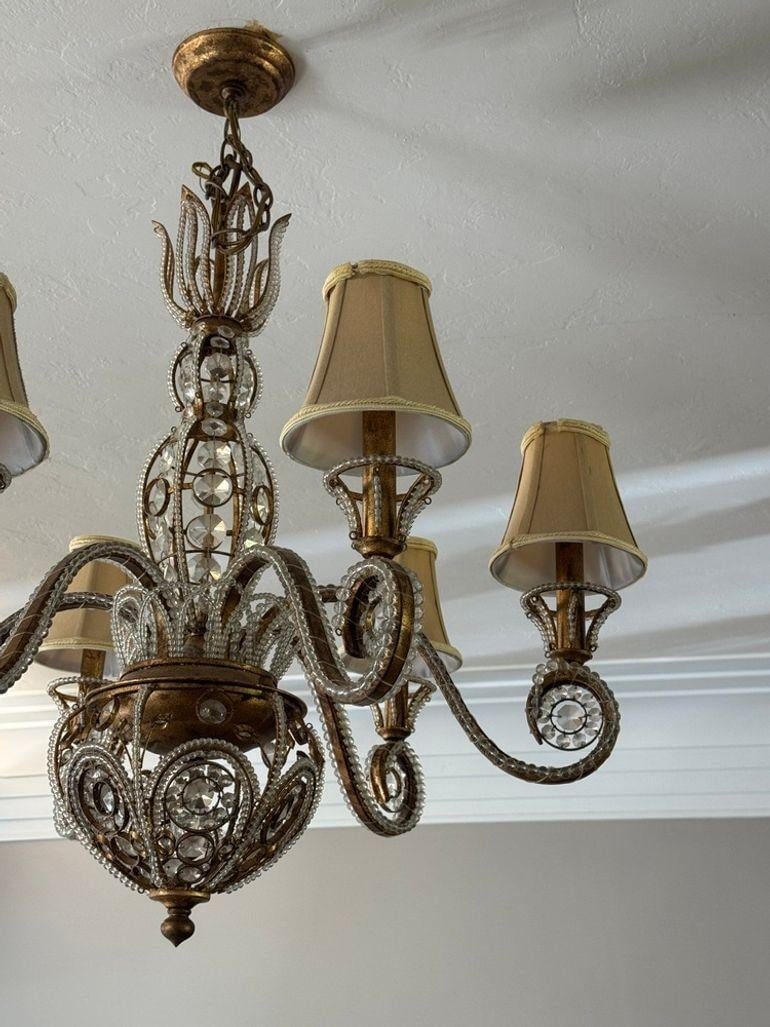 Vintage 1960s Regency Six Arm Chandelier With Gilt Iron and Crystal Beads - 10
