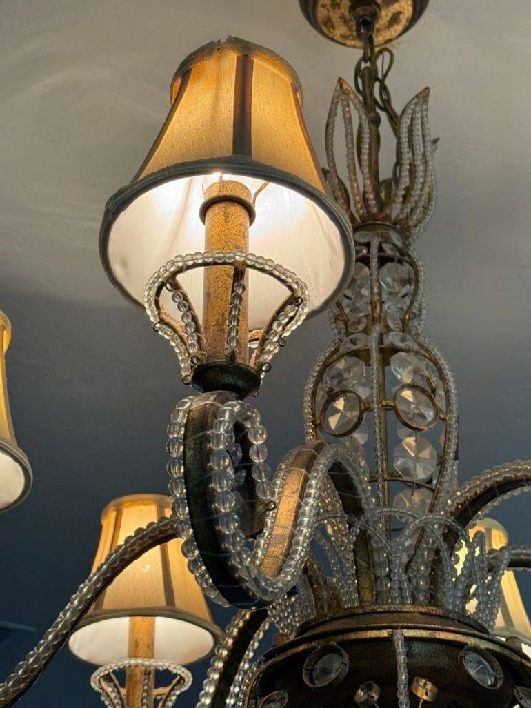 Vintage 1960s Regency Six Arm Chandelier With Gilt Iron and Crystal Beads - 11