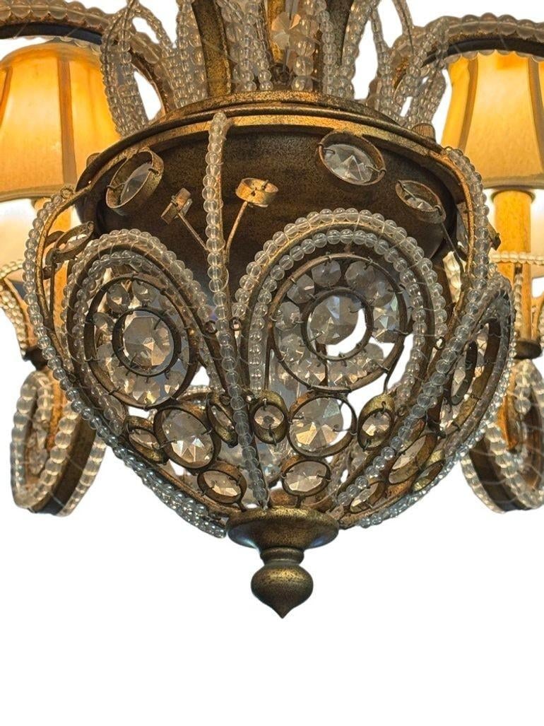 Vintage 1960s Regency Six Arm Chandelier With Gilt Iron and Crystal Beads - 12