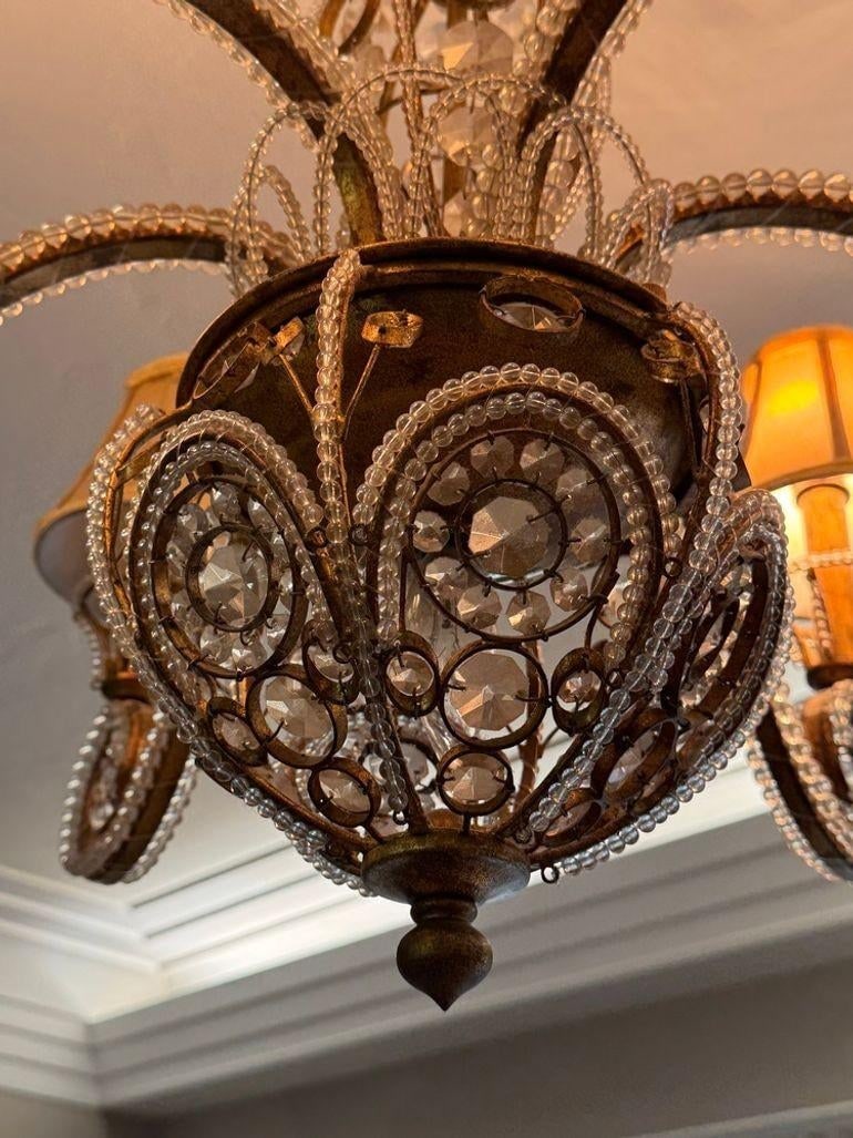 Vintage 1960s Regency Six Arm Chandelier With Gilt Iron and Crystal Beads - 13