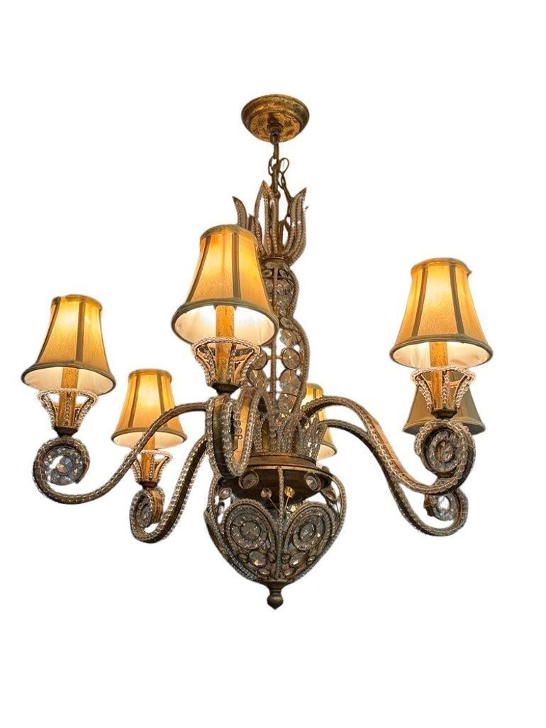 Vintage 1960s Regency Six Arm Chandelier With Gilt Iron and Crystal Beads - 2