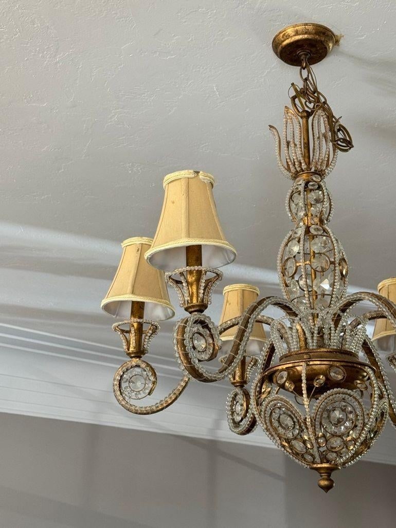 Vintage 1960s Regency Six Arm Chandelier With Gilt Iron and Crystal Beads - 3