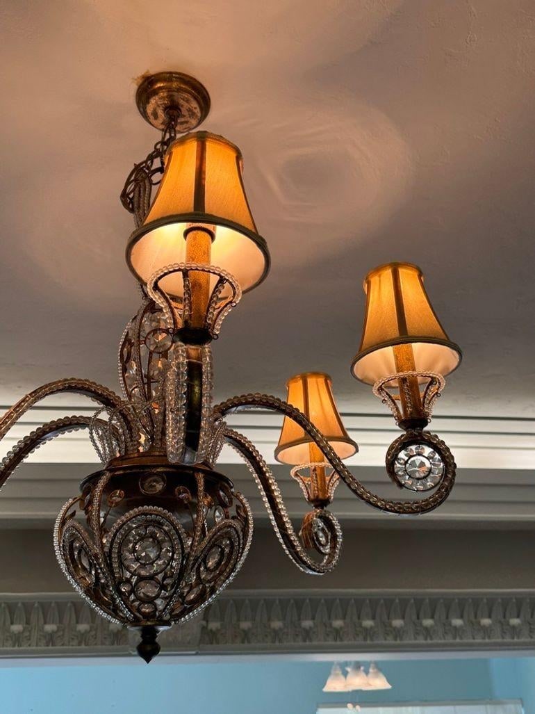 Vintage 1960s Regency Six Arm Chandelier With Gilt Iron and Crystal Beads - 4