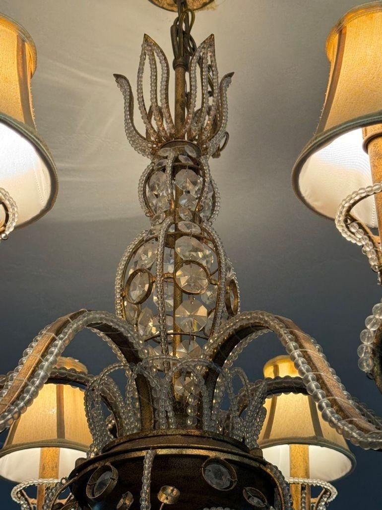 Vintage 1960s Regency Six Arm Chandelier With Gilt Iron and Crystal Beads - 6
