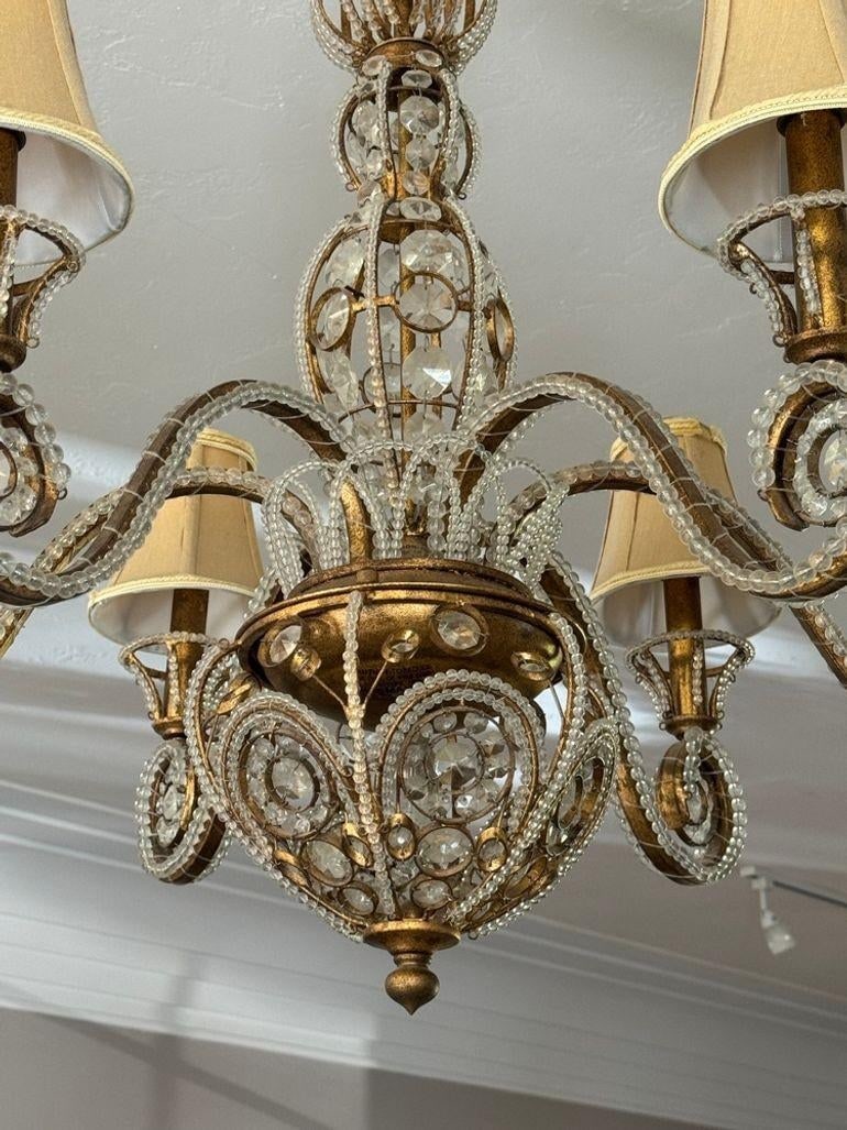 Vintage 1960s Regency Six Arm Chandelier With Gilt Iron and Crystal Beads - 7