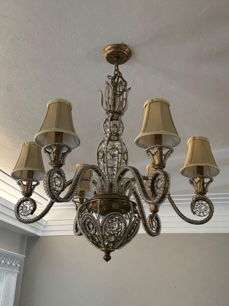 Vintage 1960s Regency Six Arm Chandelier With Gilt Iron and Crystal Beads - 8