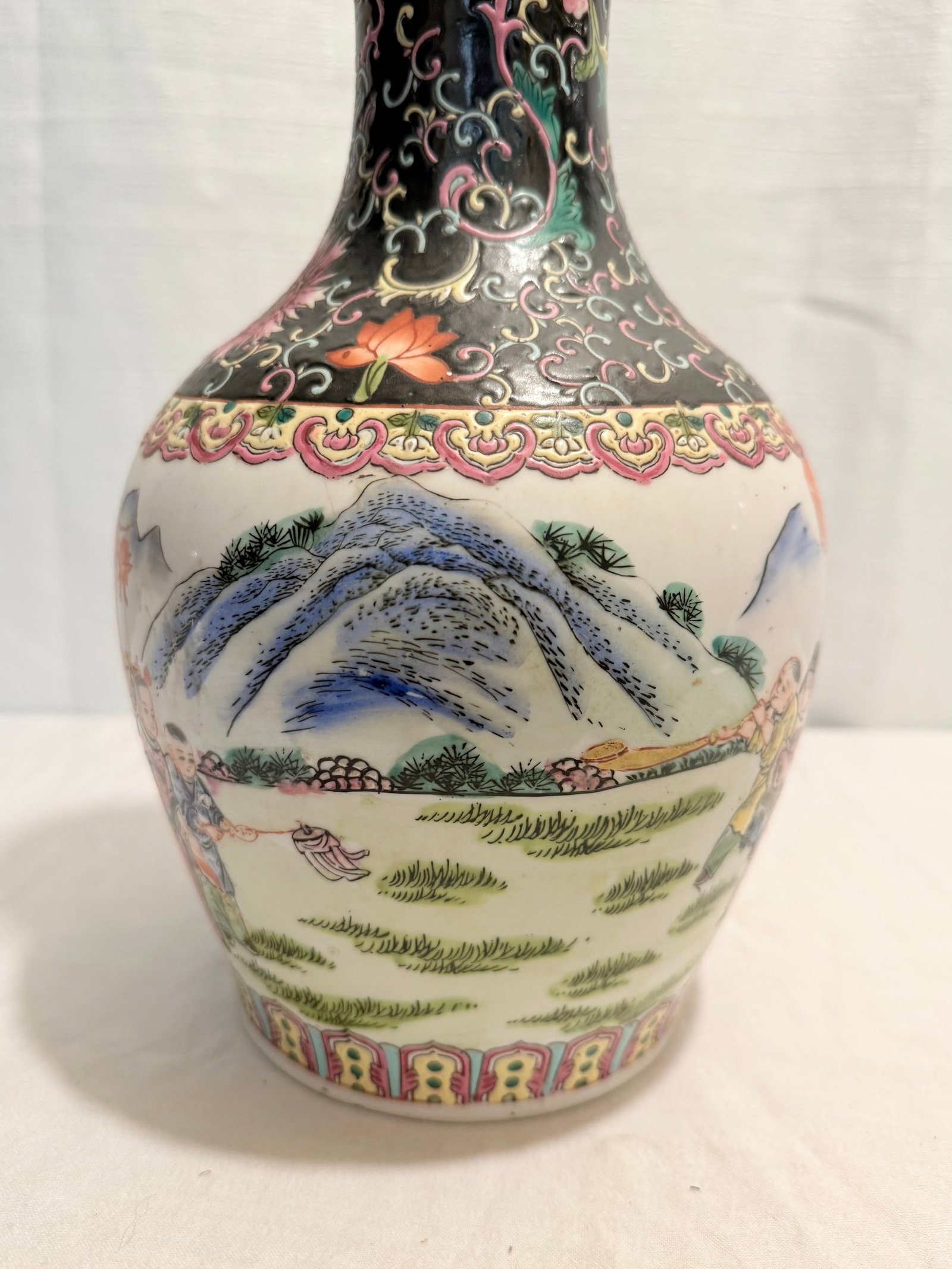 Vintage 14" Famille Noire & Rose "Boys at Play" Vase by Turtle and Crane - Chinoiserie Chic - 5