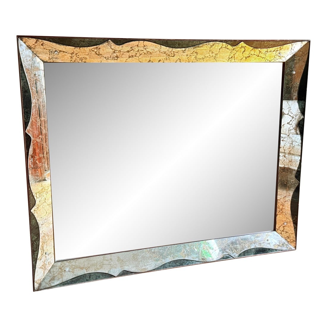 Vintage 1960s Venetian-Style Mirror With Etched Glass and Gold Gilt Frame: This mid-century revival mirror features a scalloped, wavy frame with acid-etched glass panels finished in gold gilt, offering a rich, aged patina. The central mirror is beveled, reflecting