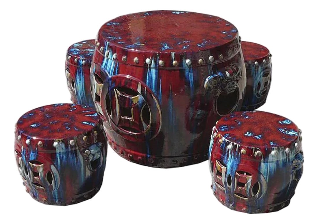 Out Door & in Door Chinese Red Clay Round Garden Tea Set - 5 Pieces: This collection features a traditional five-piece Chinese ceramic garden set, showcasing a striking "flambé" glaze of deep oxblood red streaked with electric blue and teal highlights. The set inc