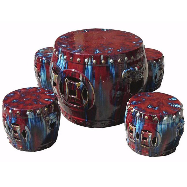 Out Door & in Door Chinese Red Clay Round Garden Tea Set - 5 Pieces - 5