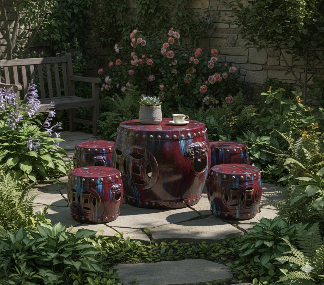 Out Door & in Door Chinese Red Clay Round Garden Tea Set - 5 Pieces - 6