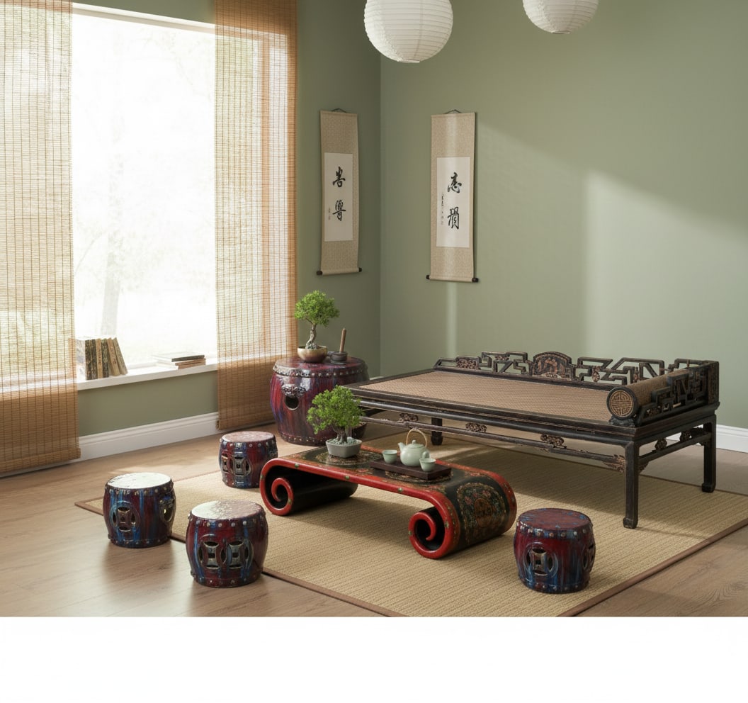 Out Door & in Door Chinese Red Clay Round Garden Tea Set - 5 Pieces - 7