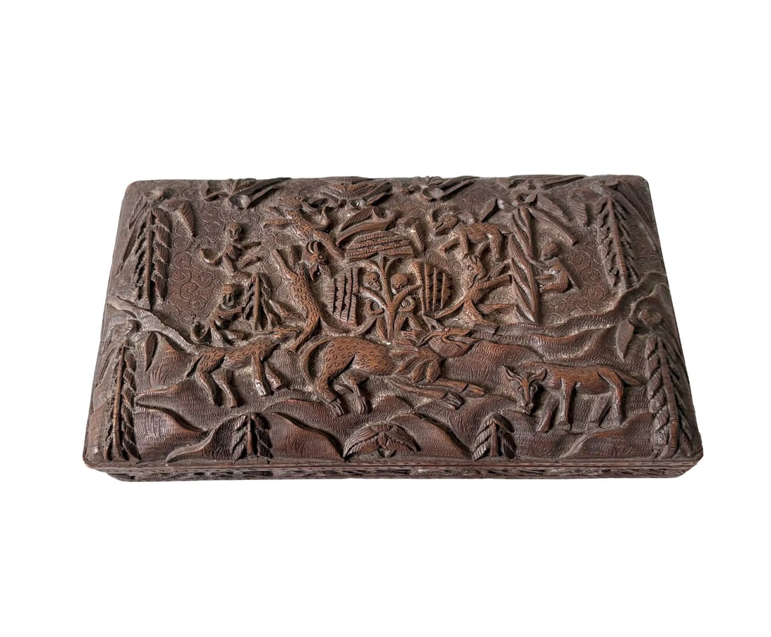 Antique Hard Carved Wooden Trinket Box - 4