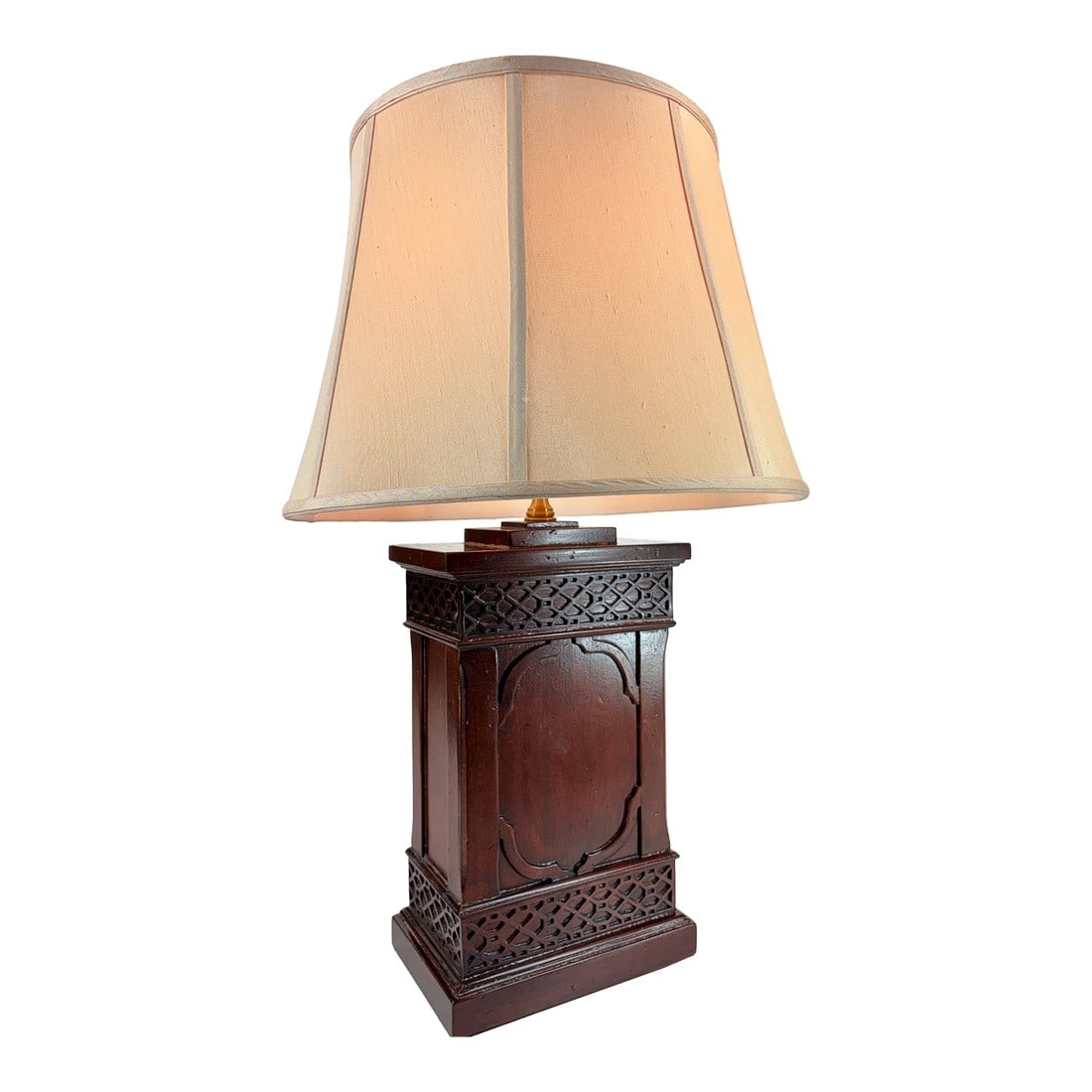 Vintage Wildwood Lamp Co., Chinese Chippendale Style Fretwork Wooden Tea Canister C. 1980' Table Lam: Vintage Lamp, Chinese Chippendale Style Fretwork Wooden Tea Canister by Wildwood Lamp Co., USA c. 1980's. Lamp has one socket, with original vintage good wiring. A wonderful international world travel