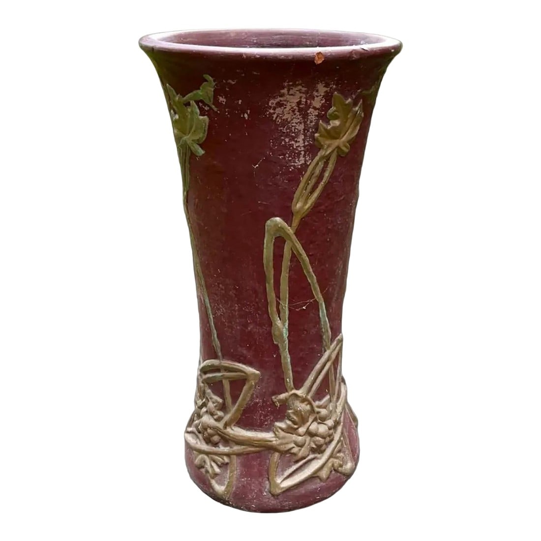 1900s Large Peters & Reed Moss Aztec Red and Gold Glazed Ceramic Umbrella Stand, Signed: Peters and Reed, the Moss Aztec umbrella stand boasts a stunning glazed red brick finish adorned with a delicate gold vine motif. Measuring at 11.5 inches in length and 23.5 inches in height, it is a 