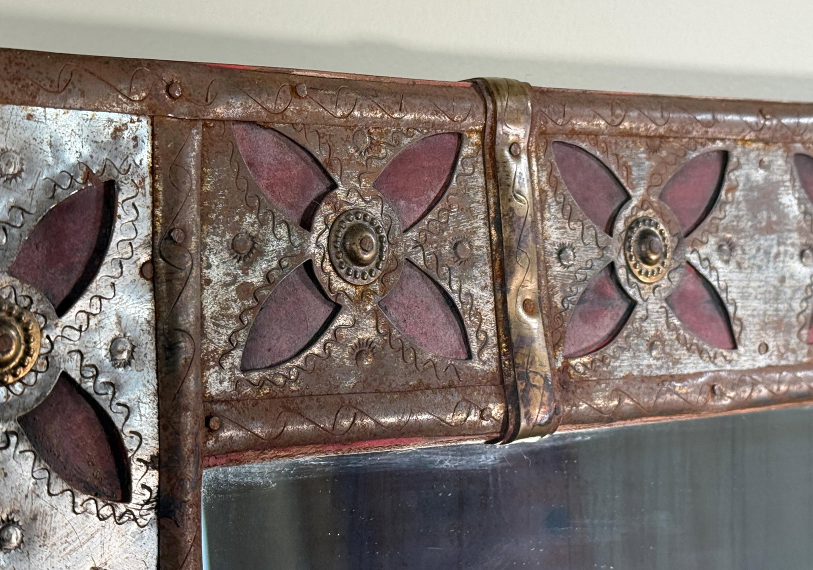 Vintage Spanish Colonial Style Patchwork Cut Metal Wall Mirror With Moorish Motif Frame - 2