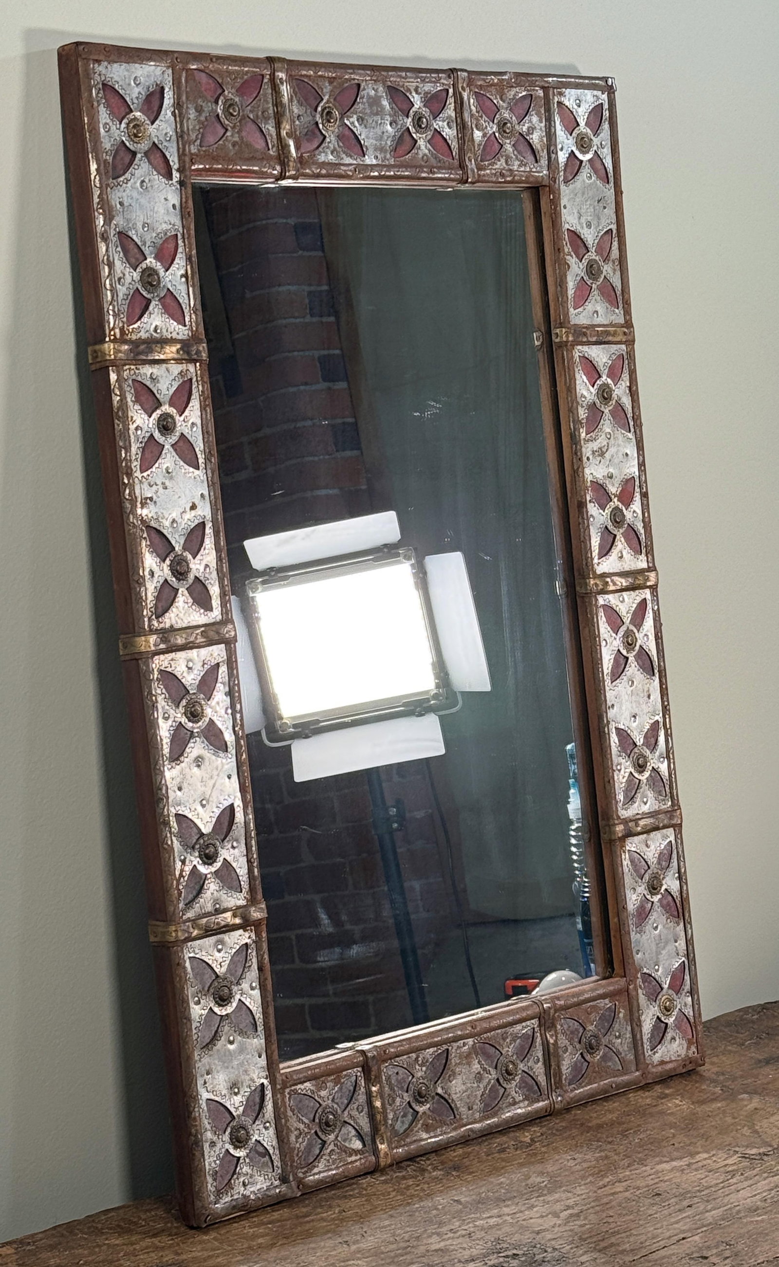 Vintage Spanish Colonial Style Patchwork Cut Metal Wall Mirror With Moorish Motif Frame - 3
