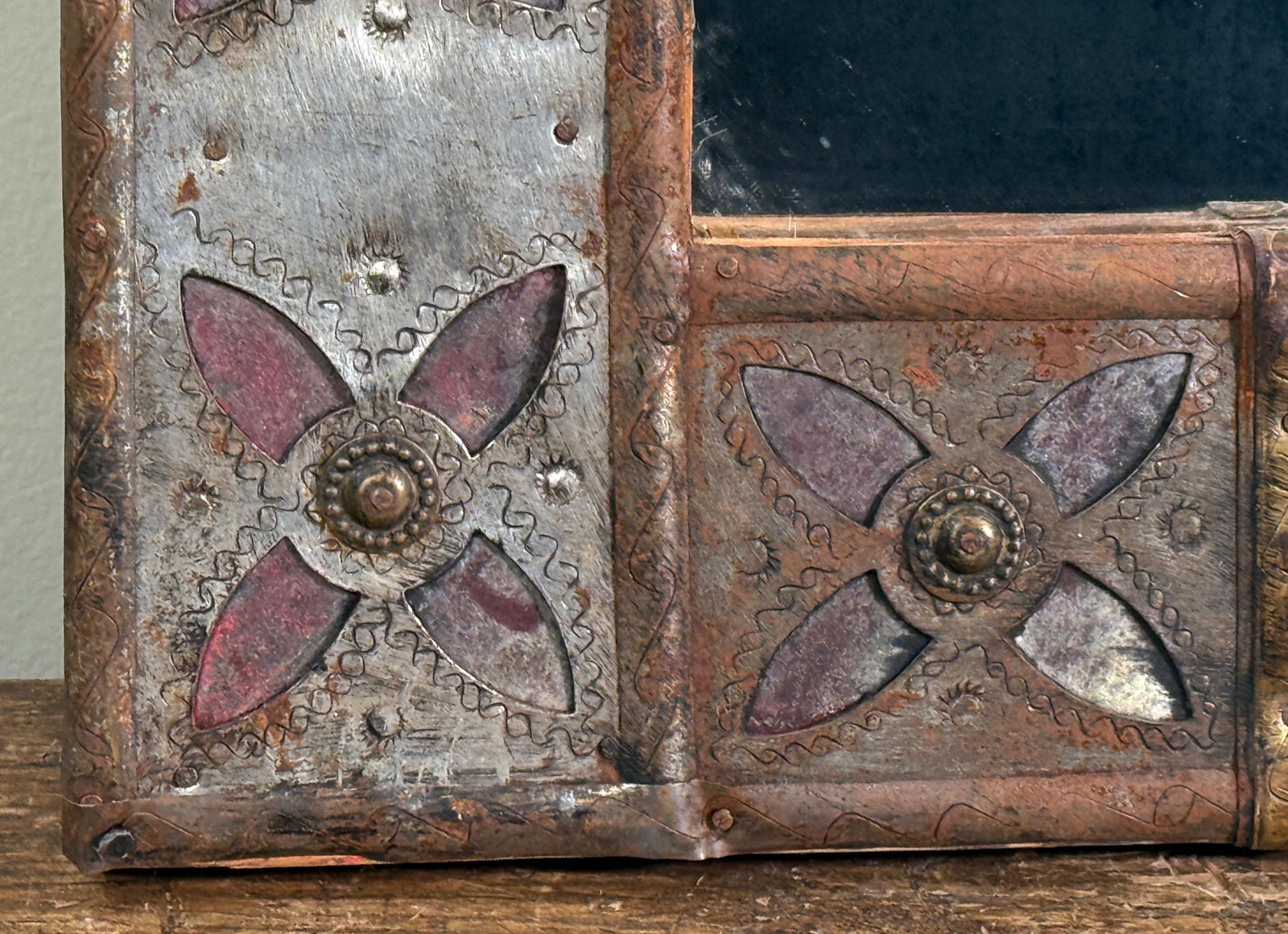 Vintage Spanish Colonial Style Patchwork Cut Metal Wall Mirror With Moorish Motif Frame - 4